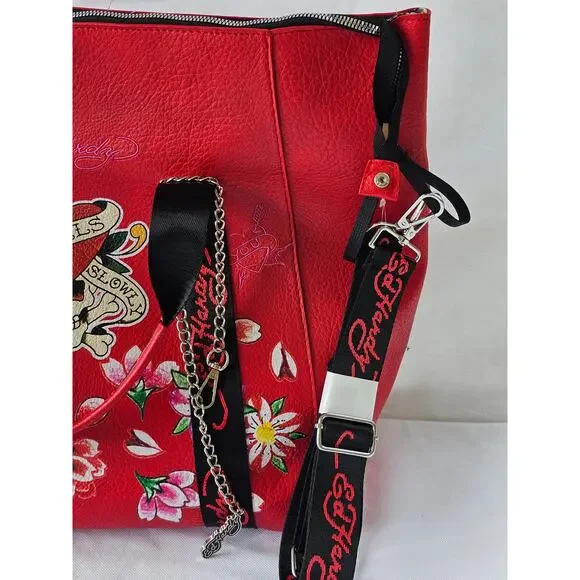 Ed Hardy Love Kills Slowly Large Weekender Duffle Travel Bag Red Faux Leather - Picture 3 of 12